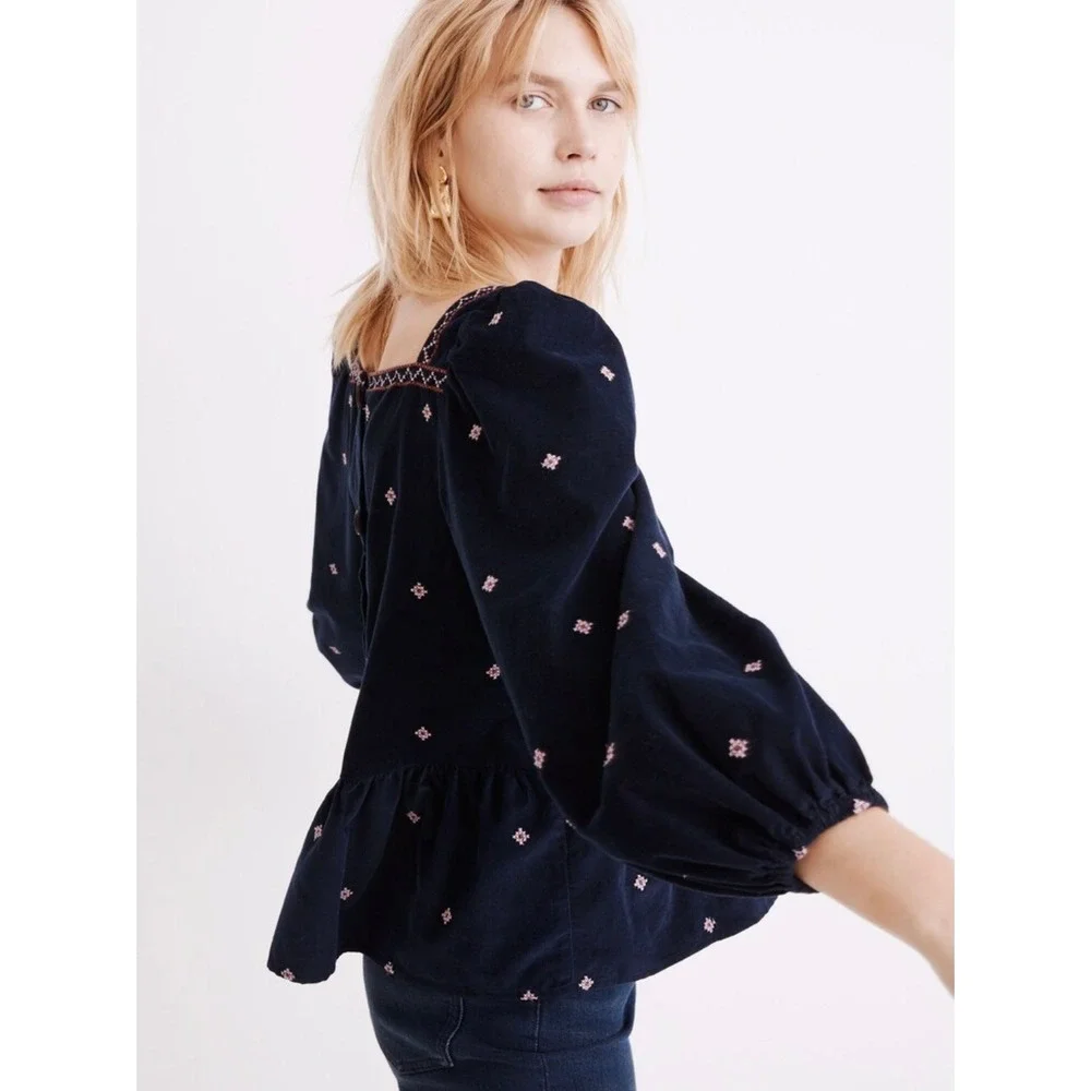 Madewell Embroidered Corduroy Button-Back Peplum Top Navy Puff Sleeve Small